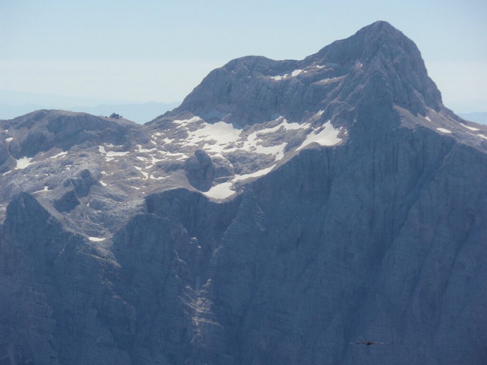 Zoomirana severna stena Triglava, sam vrh s Kredarico in desno spodaj planinska kavka