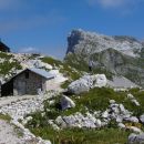 Koča na Prehodavcih. V ozadju Vršac, skrajno desno zadaj Triglav.